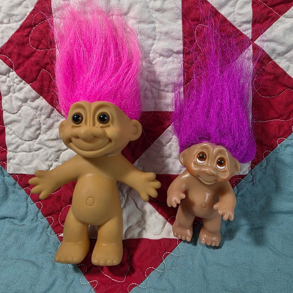 Russ and Dam Troll Doll Set Small Pink Purple Hair Nude Vintage Figures